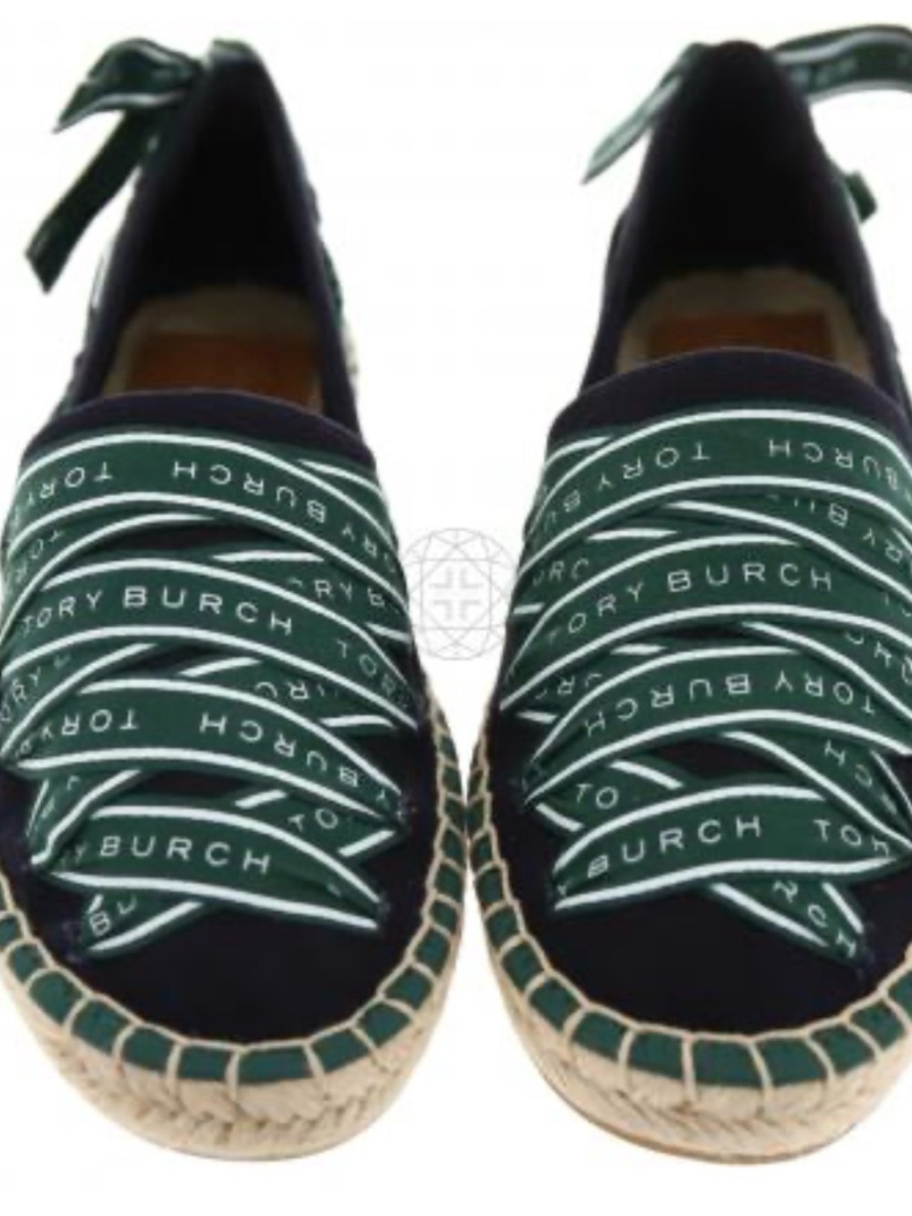 Tory Burch Black Espadrille Flats with Green Logo Ribbons